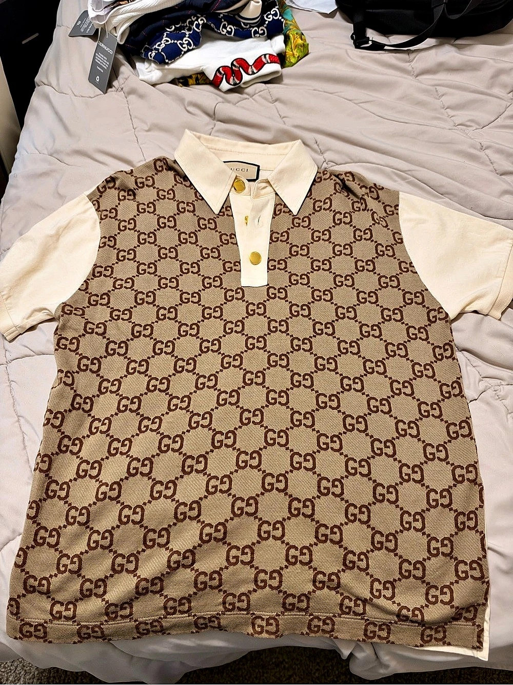 Gucci Maxi GG Silk and Cotton Polo Shirt mens Medium Brown & Cream